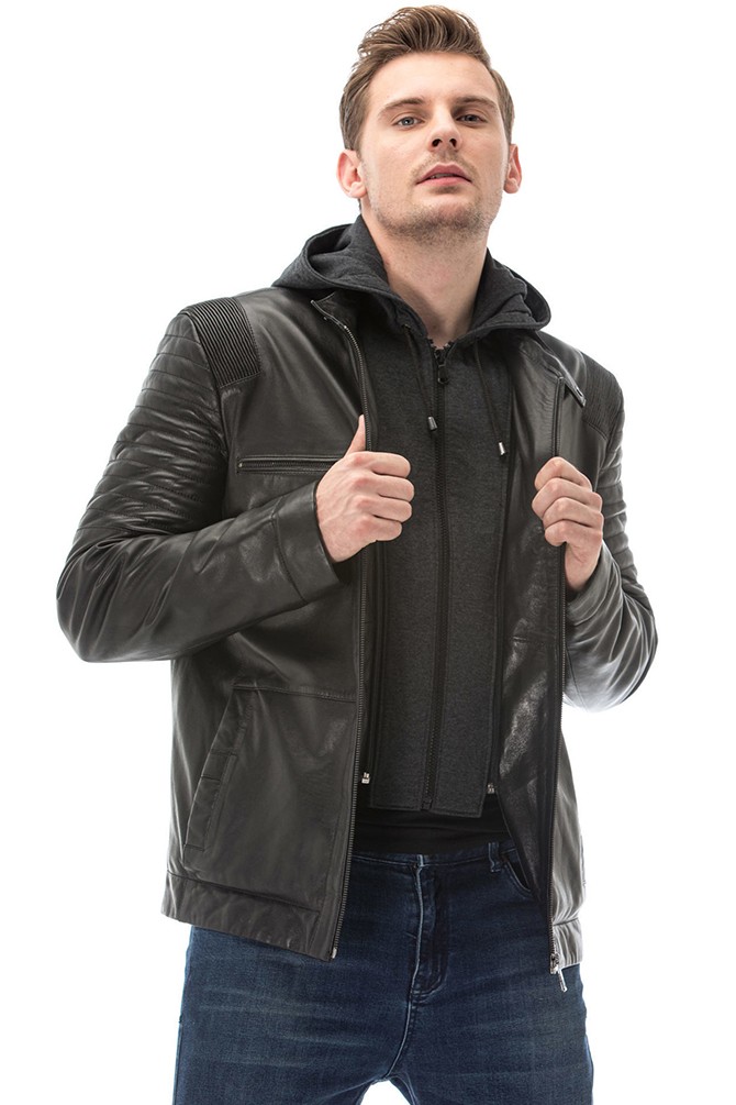 Men's 100 % Real Black Leather Hooded Vegetal Jacket