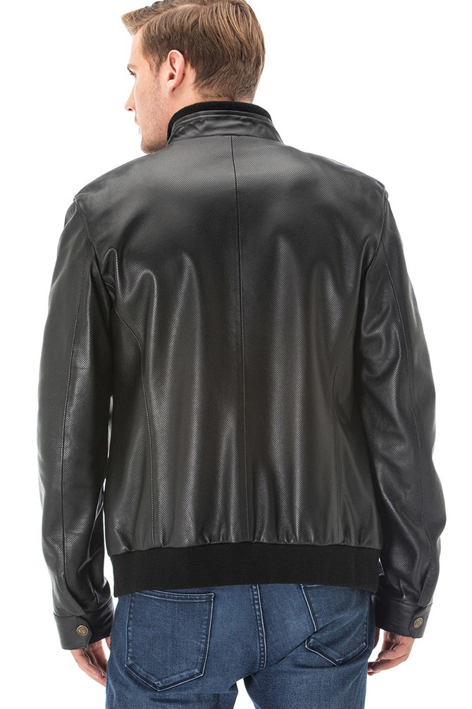 Men's 100 % Real Black Leather Perforated Bomber Jacket
