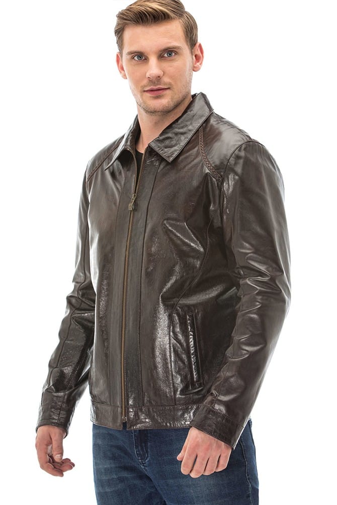Men's 100 % Real Brown Leather Zippered Classic Jacket