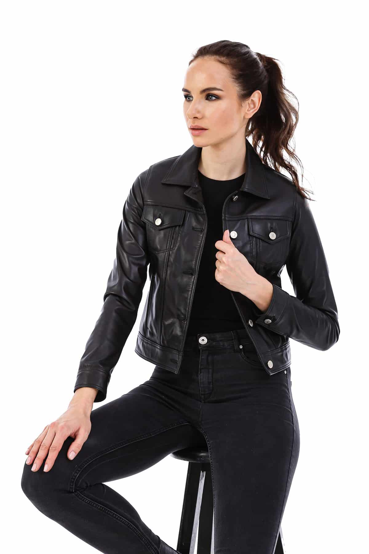 Women's 100 % Real Black Leather Eva Bomber Jacket