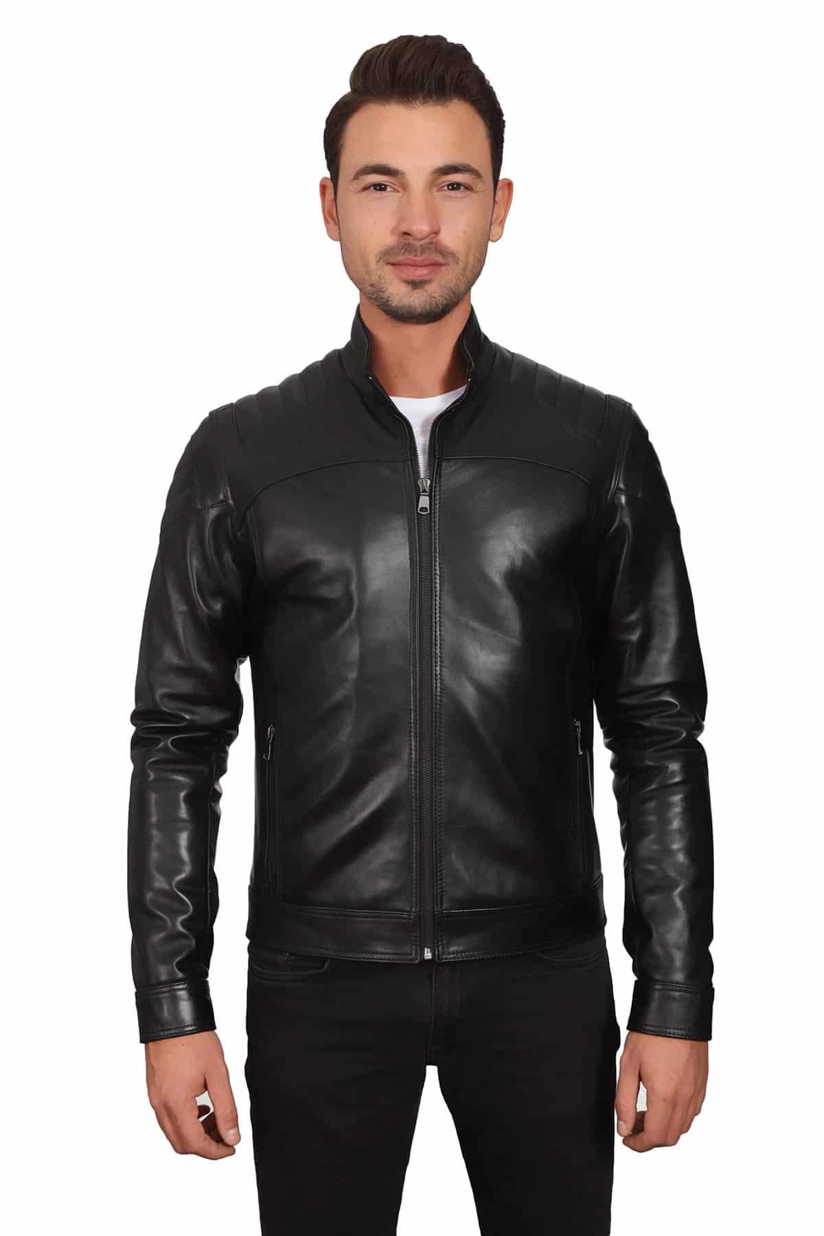 Urban Fashion Studio Biker Style Men’s Black Lambskin Leather Jacket