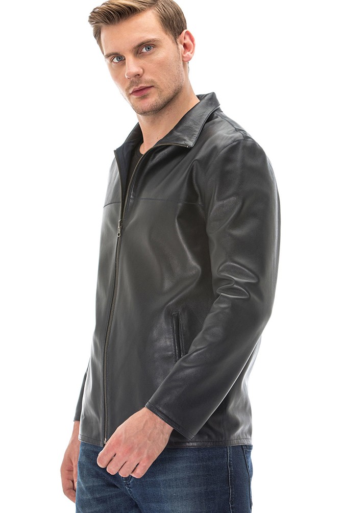 Men's 100 % Real Navy-Blue Leather Double Sided Jacket