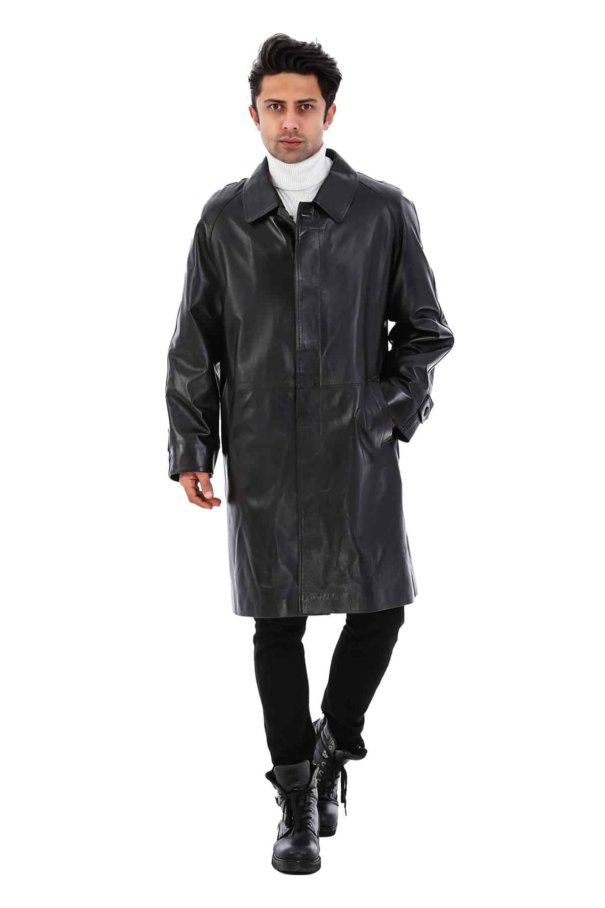 Men's 100 % Real Black Leather Ethan Long Coat