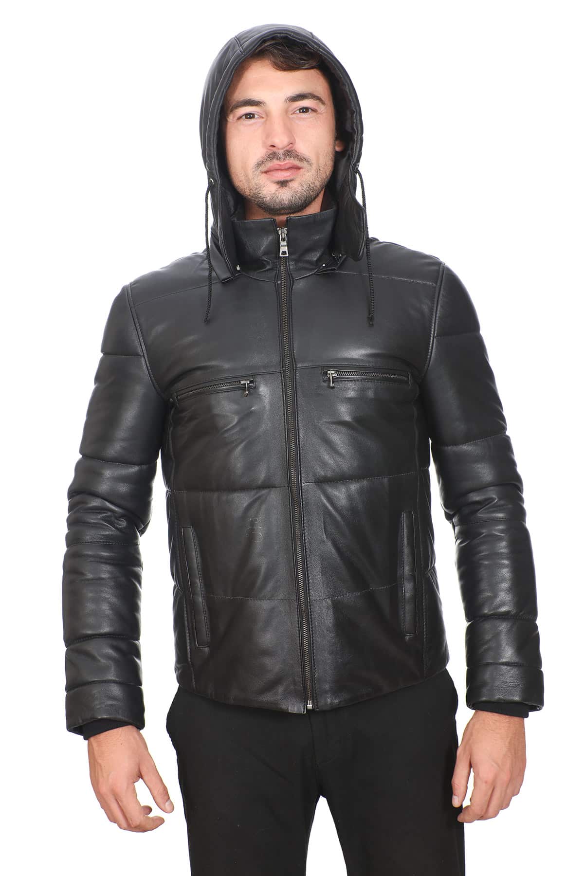 Men's 100 % Real Black Leather Hooded Clan Jacket