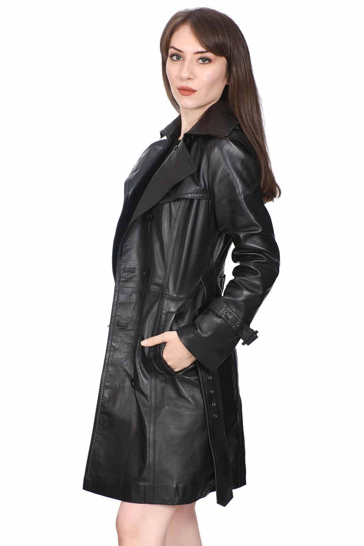 Daisy Women's 100 % Real Black Leather Overcoat