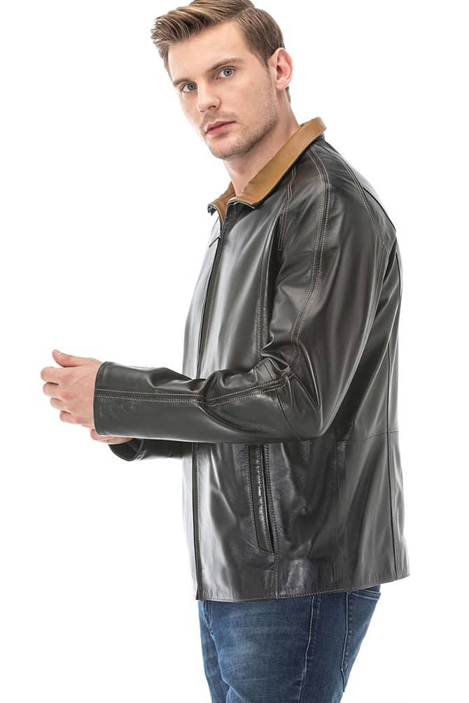 Men's 100 % Real Black Leather Brown Collar Jacket