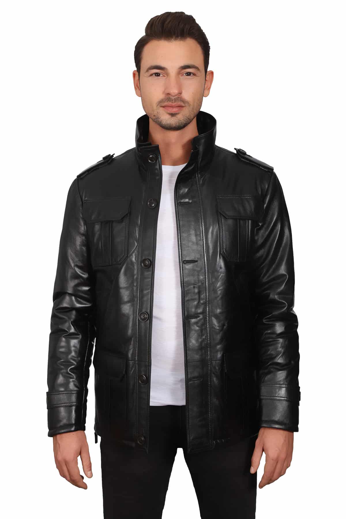 Men's 100 % Real Black Leather Safar Charismatic Jacket