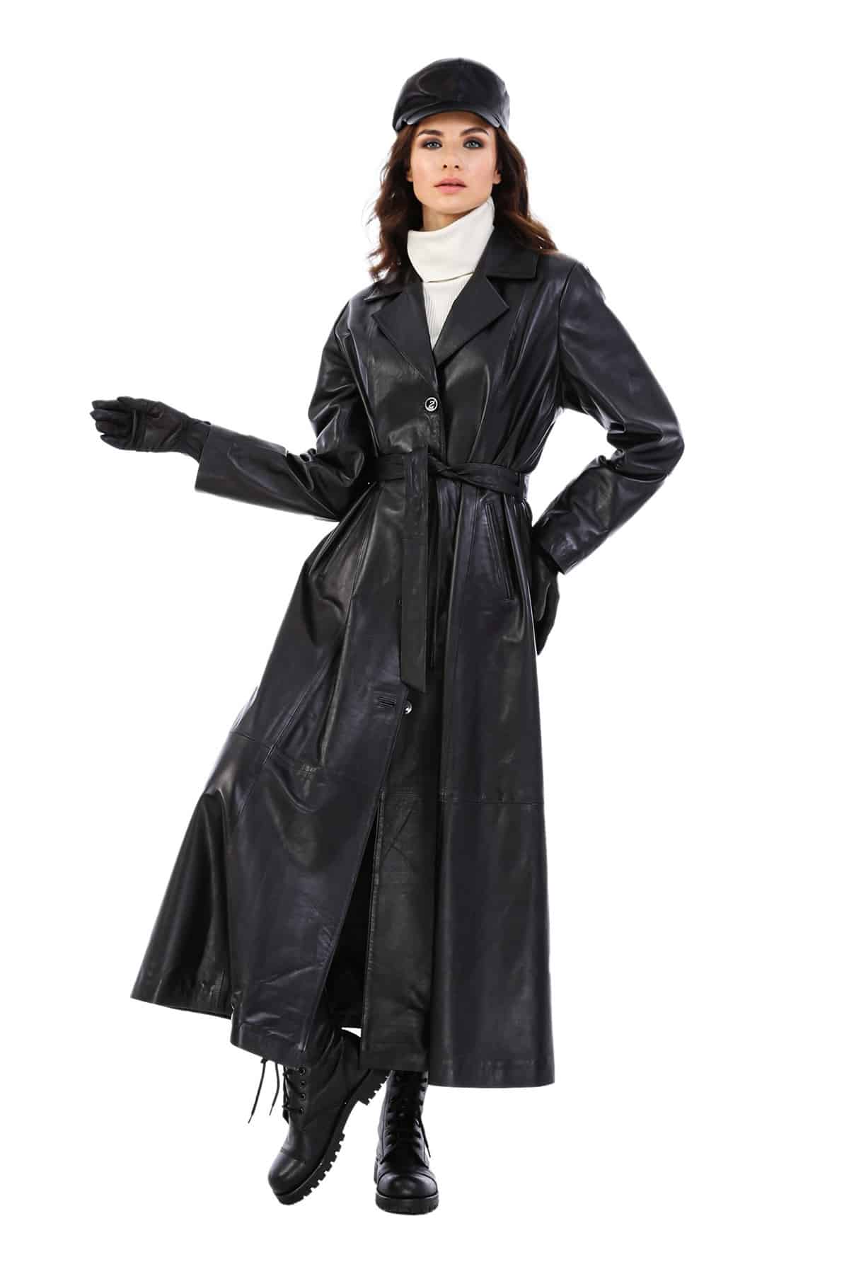 Alisa Women's 100 % Real Black Leather Trench Coat