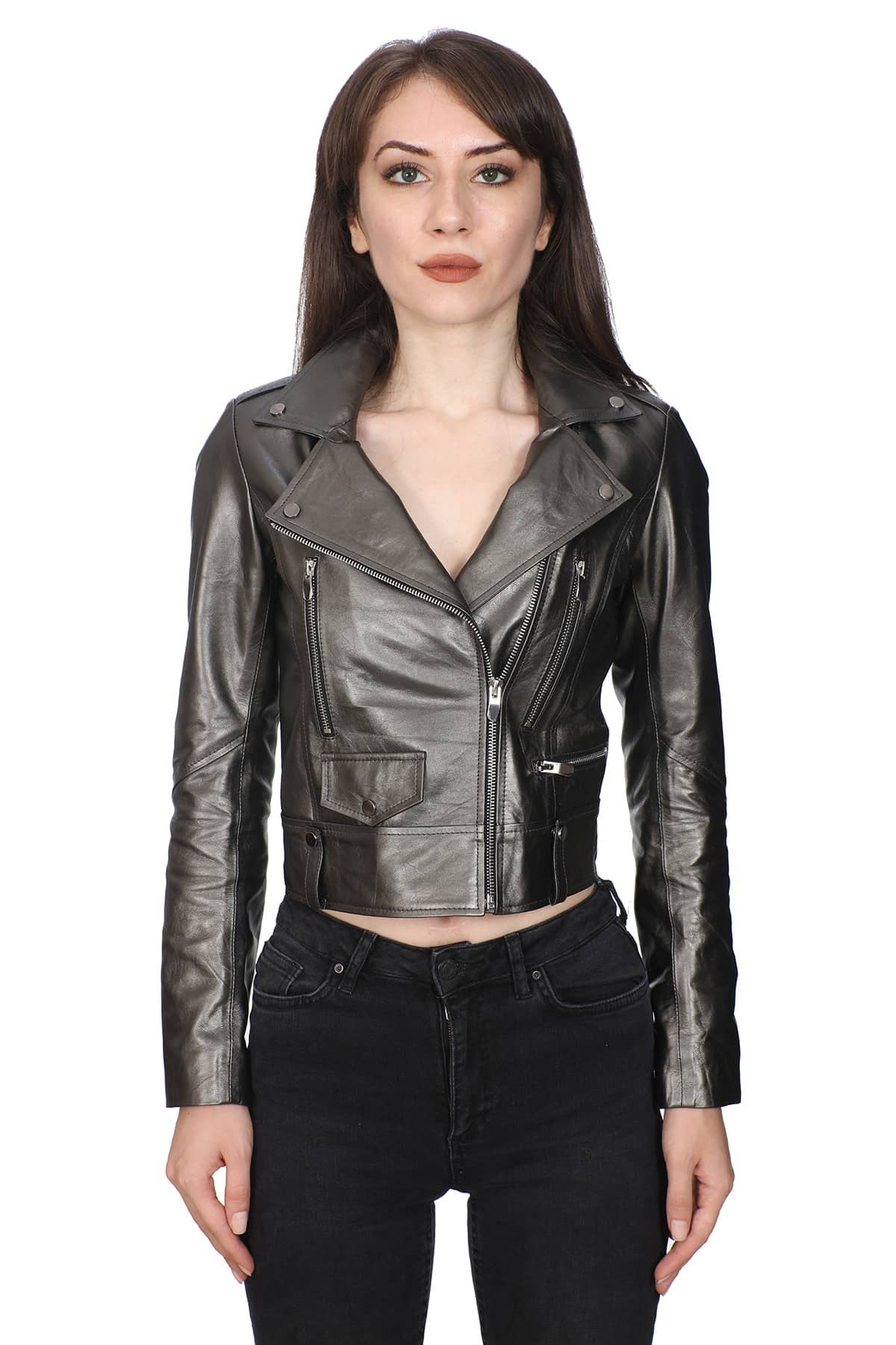 Women's 100 % Real Grey Leather Sporty Jacket