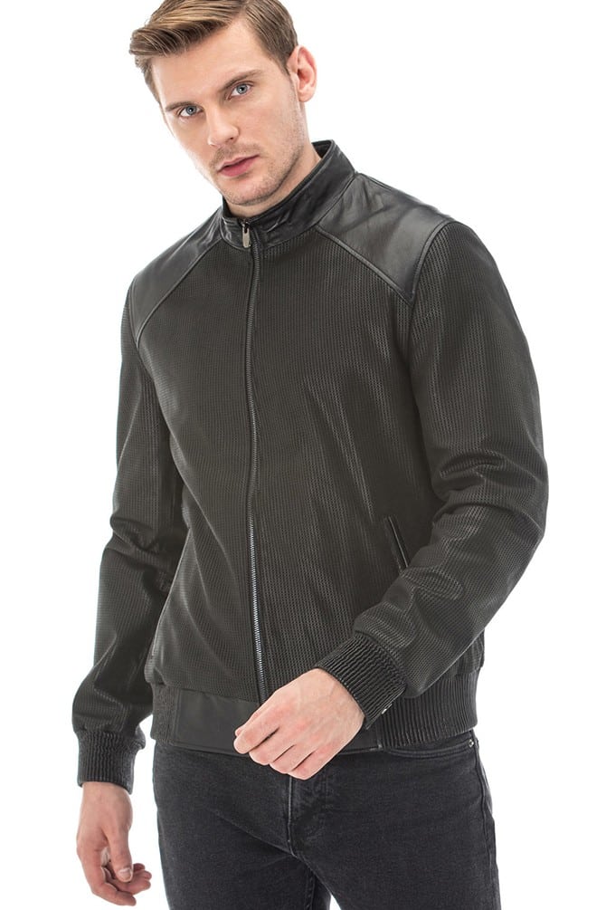Men's 100 % Real Black Leather Square Printed Vegetal Jacket