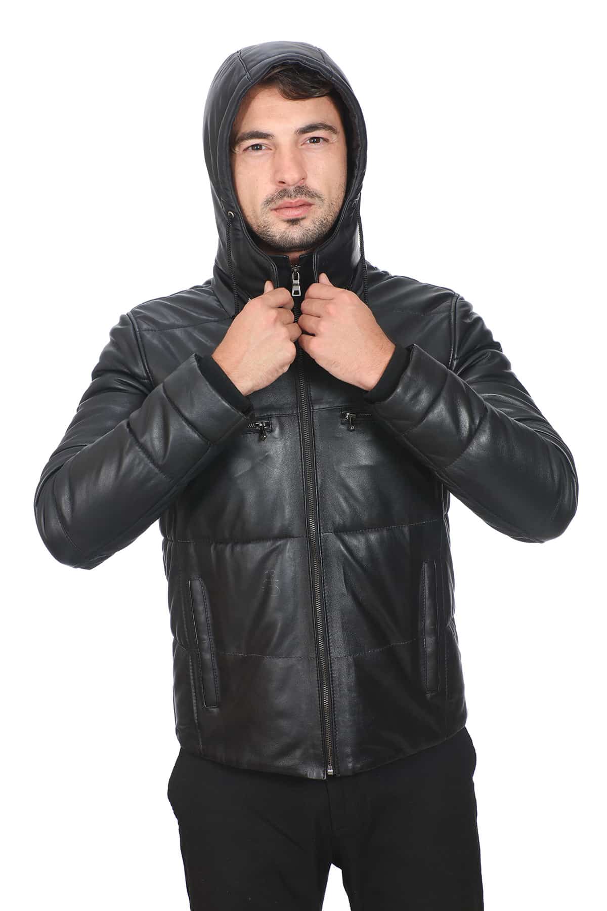 Men's 100 % Real Black Leather Hooded Clan Jacket