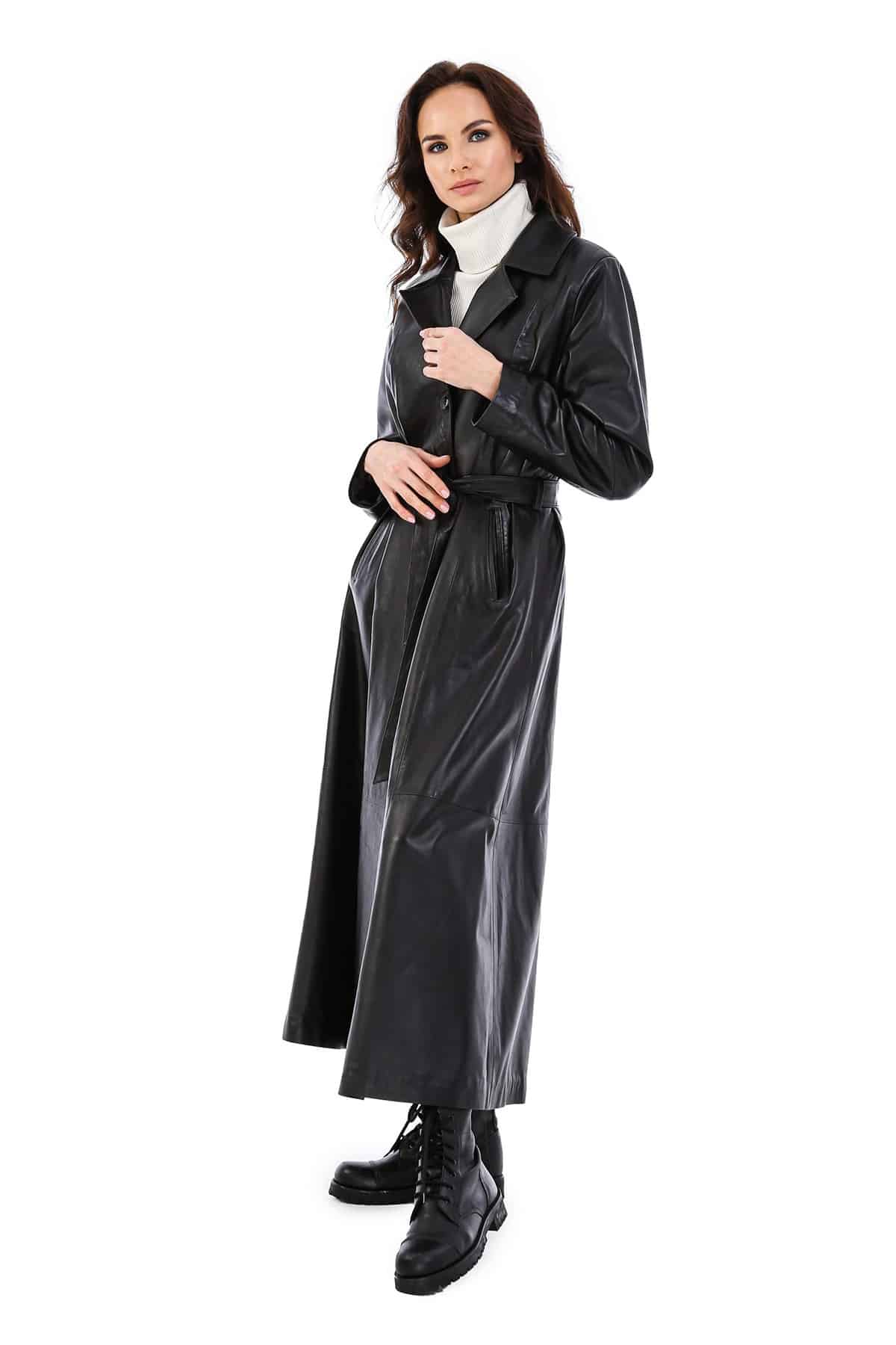 Alisa Women's 100 % Real Black Leather Trench Coat
