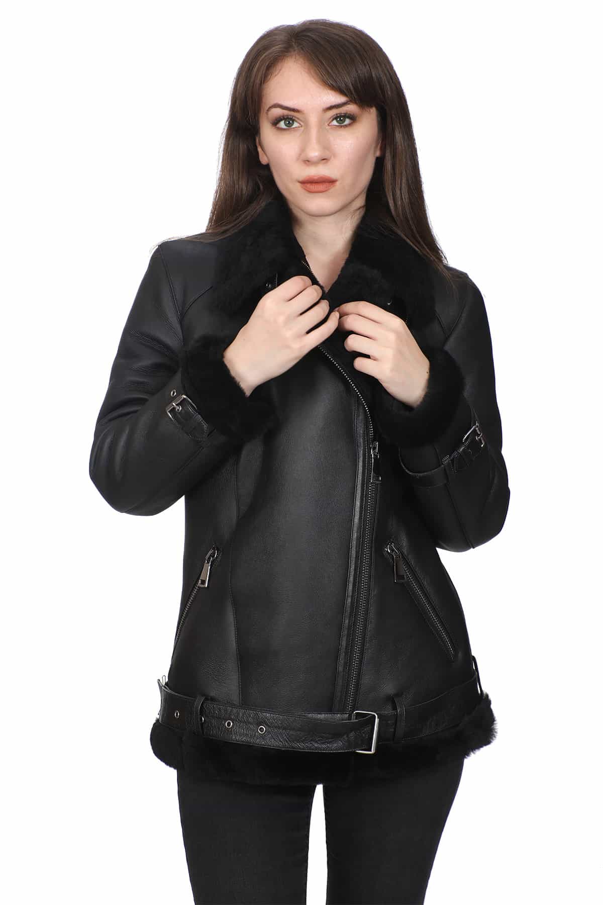 Marry Women's 100 % Real Black Leather Faux-Fur Jacket