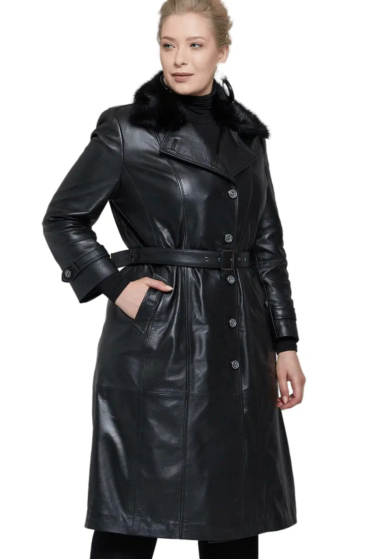 Women's 100 % Real Black Leather Fur Long Coat