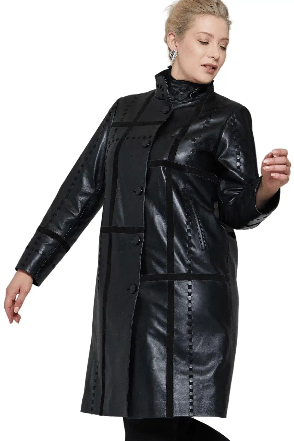 Women's 100 % Real Black Leather Long Button-up Classic Coat