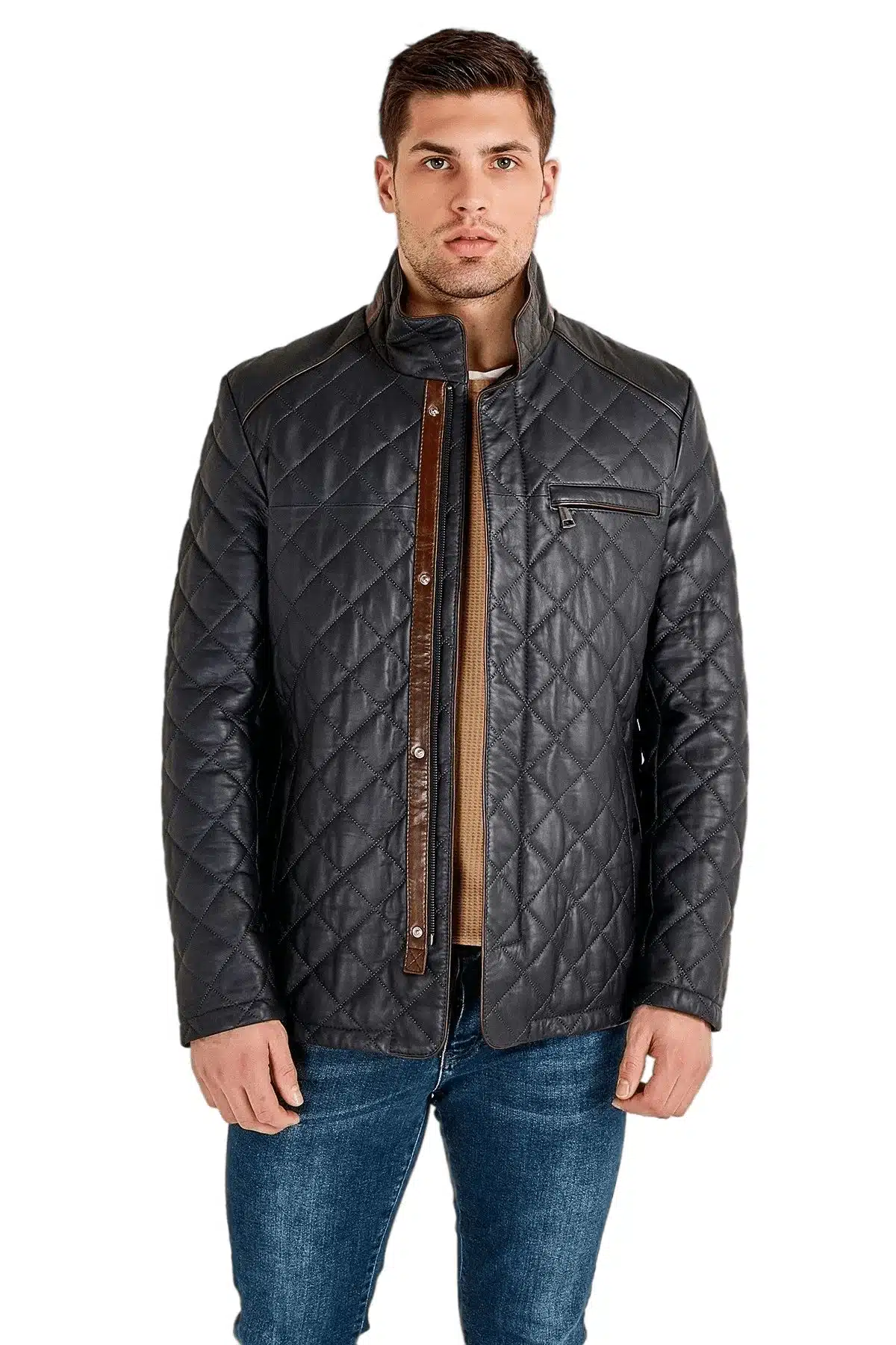 Men's 100 % Real Navy-Blue Leather Classic Jacket