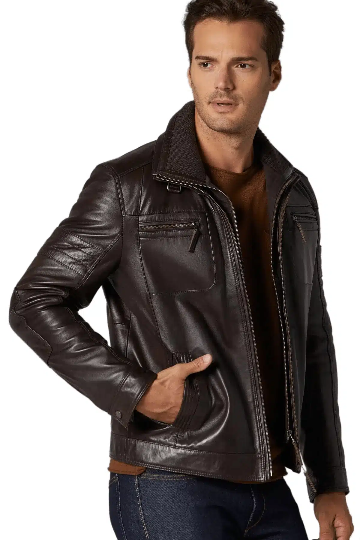 Men's 100 % Real Dark Brone Leather Lego Jacket