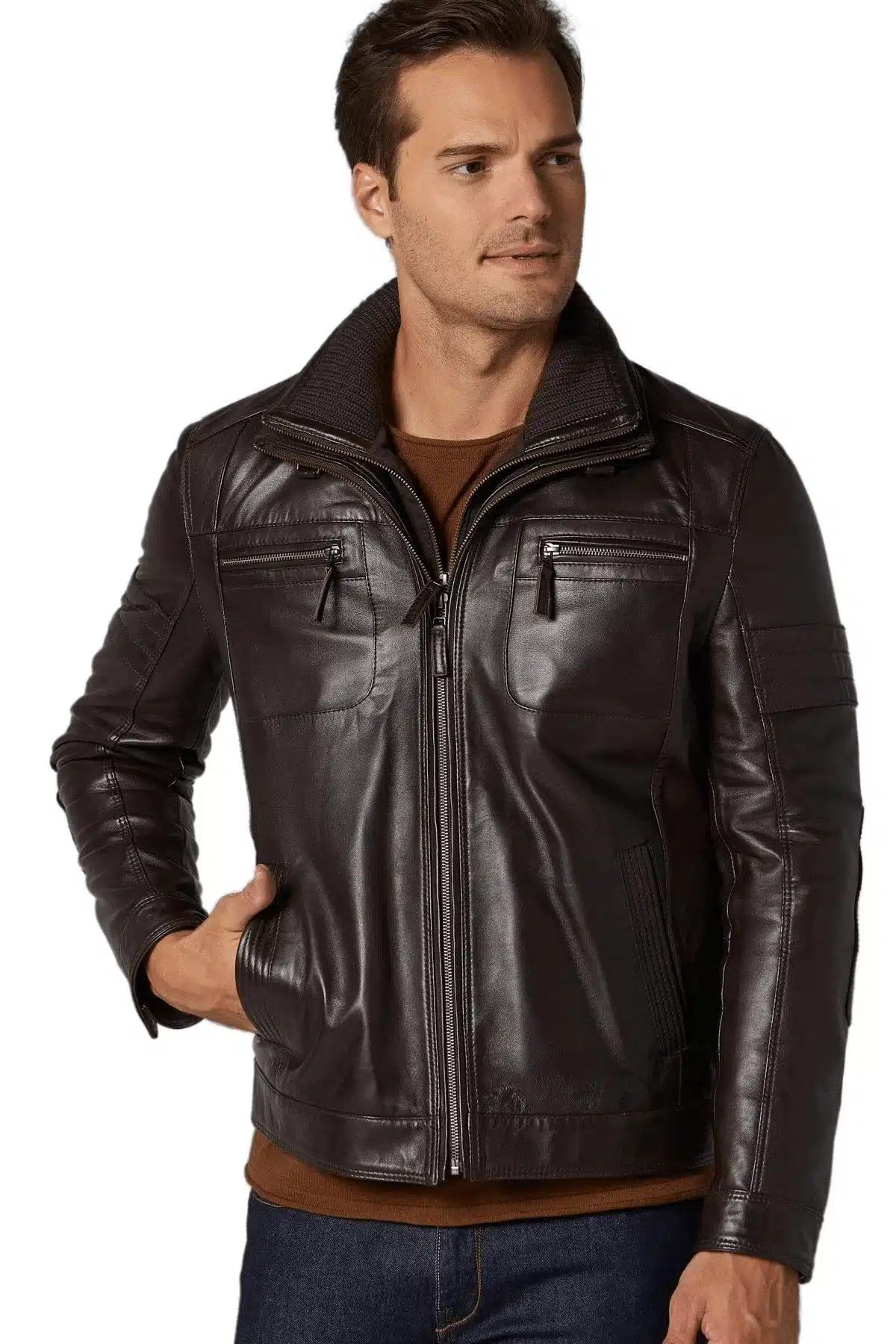 Men's 100 % Real Dark Brone Leather Lego Jacket