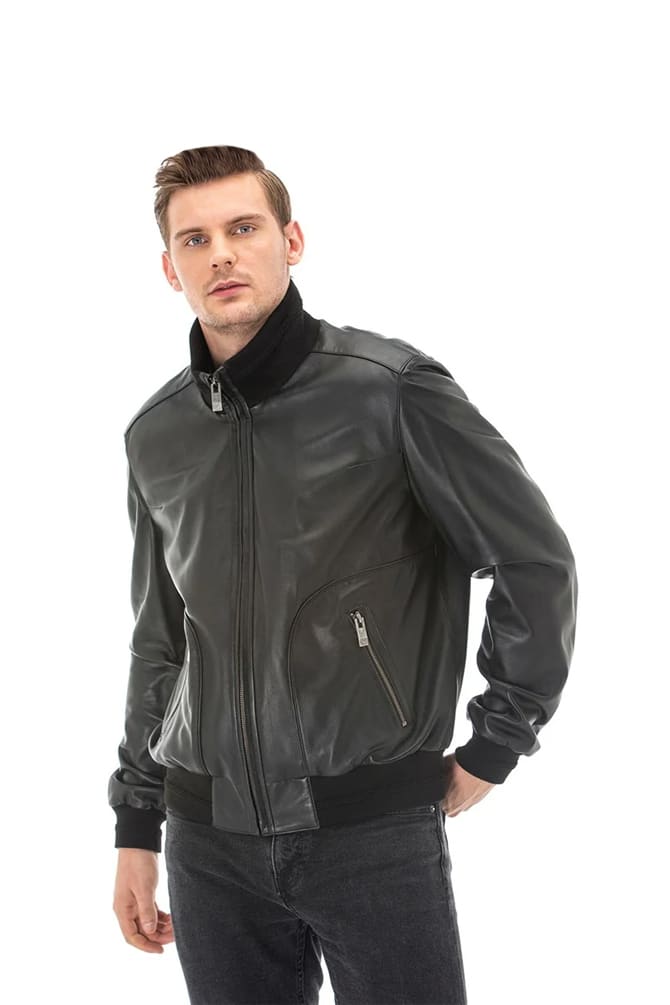 Men's 100 % Real Black Leather Double Sided Bomber Jacket