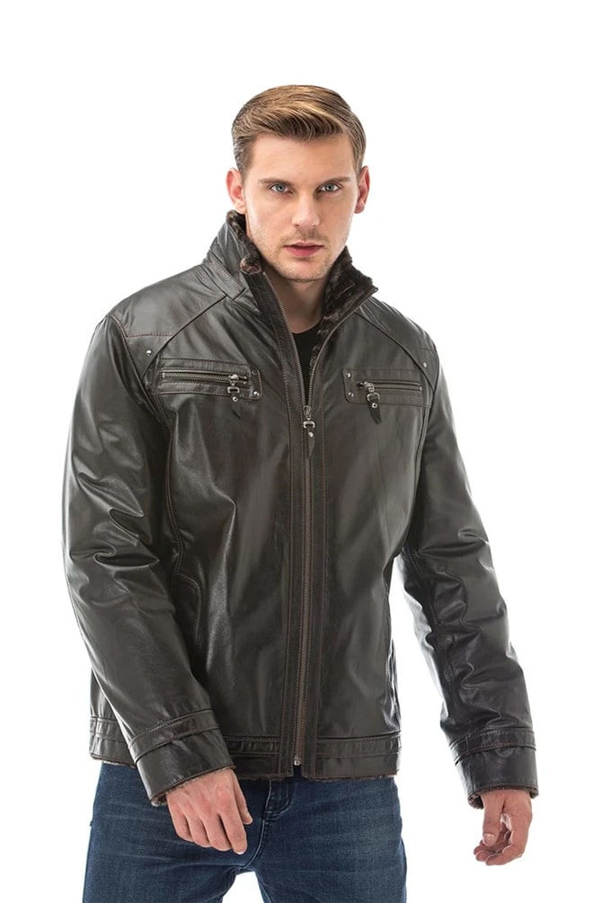 Men's 100 % Real Brown Leather Fur lined Patterned Jacket