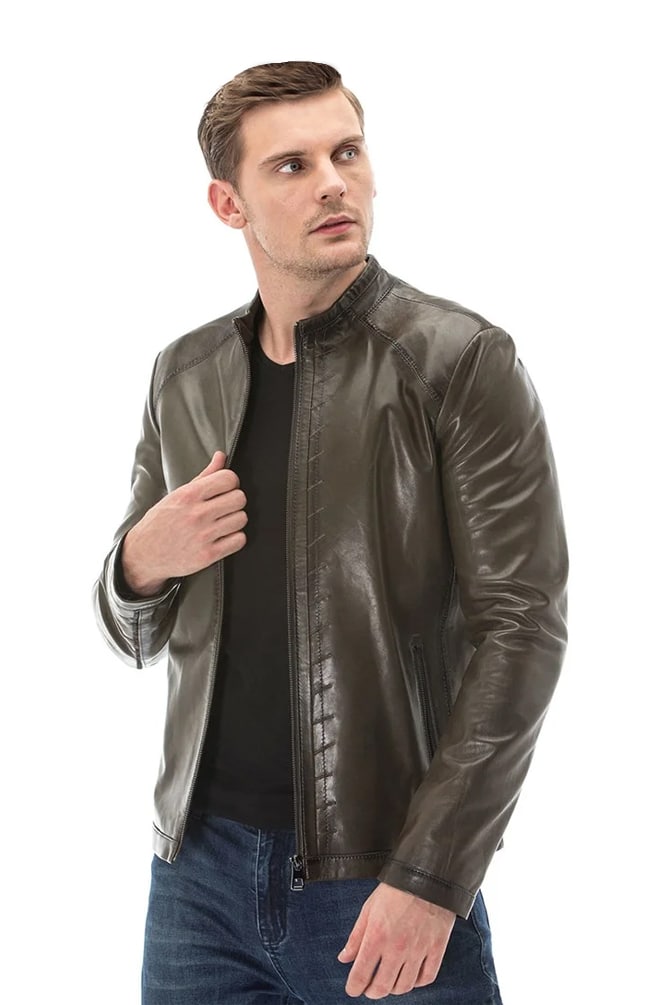 Men's 100 % Real Dark Green Leather Black-out Jacket