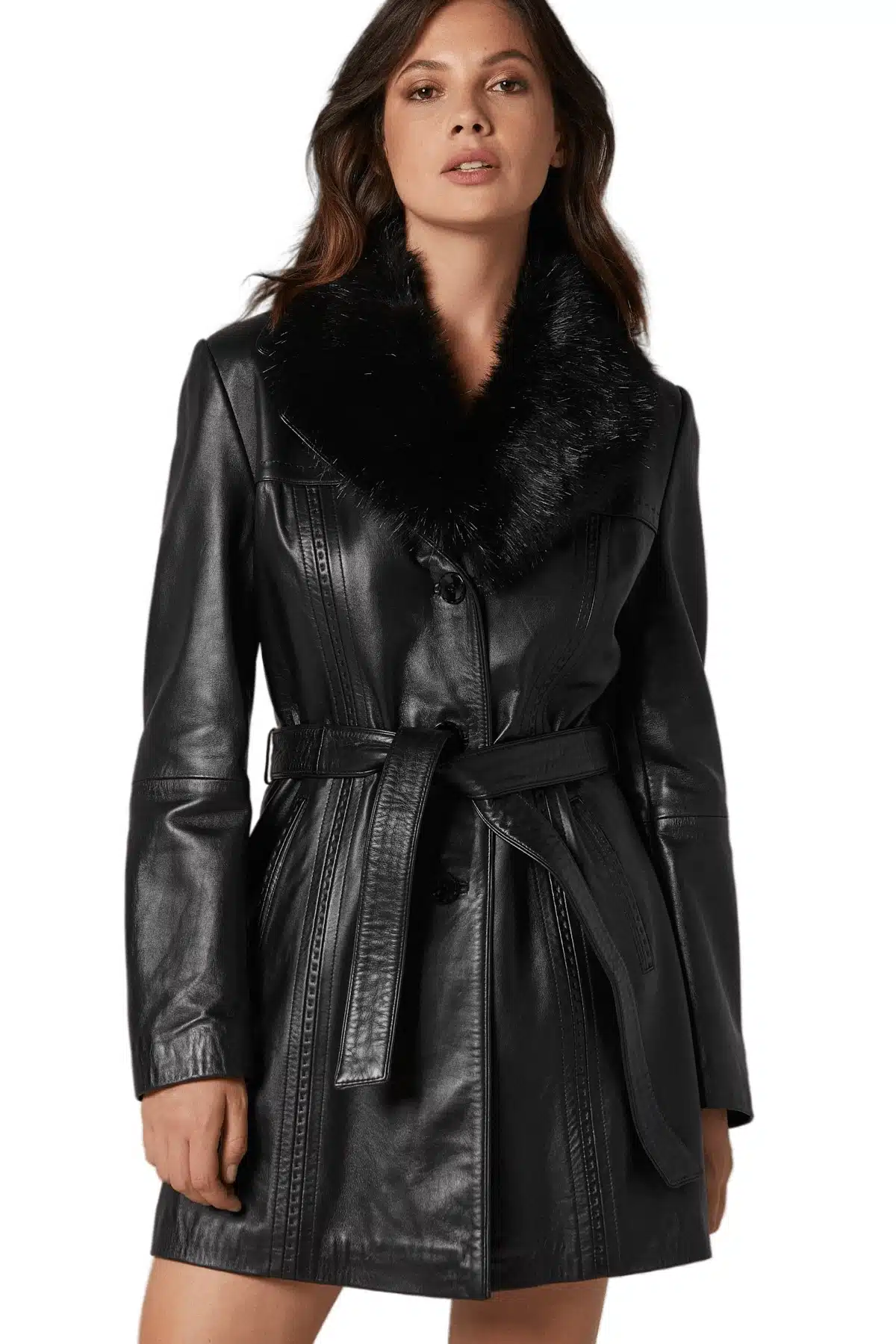 Evie Women's 100 % Real Black Leather Fur Lined Coat