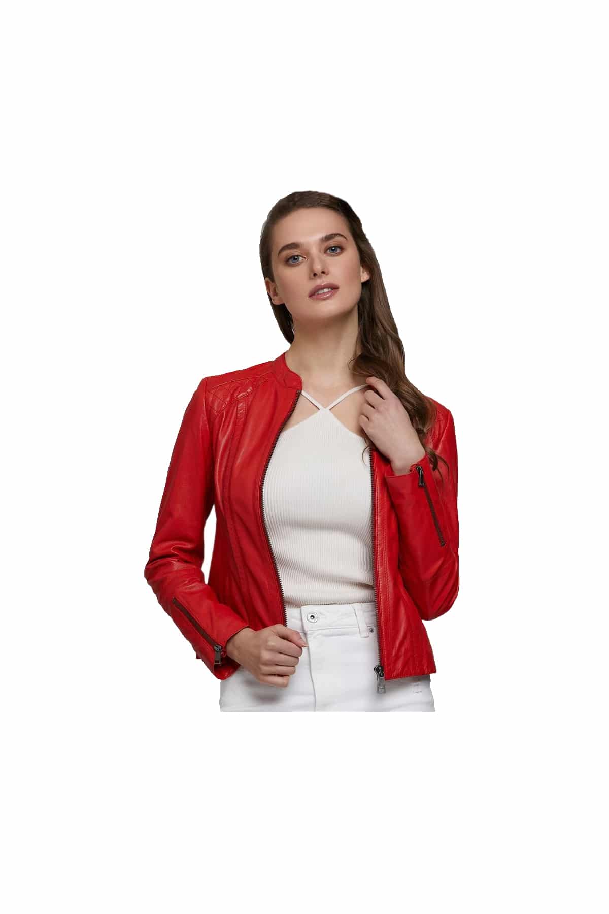 Womens Short Body Red Leather Jacket Motorcycle Red Jacket