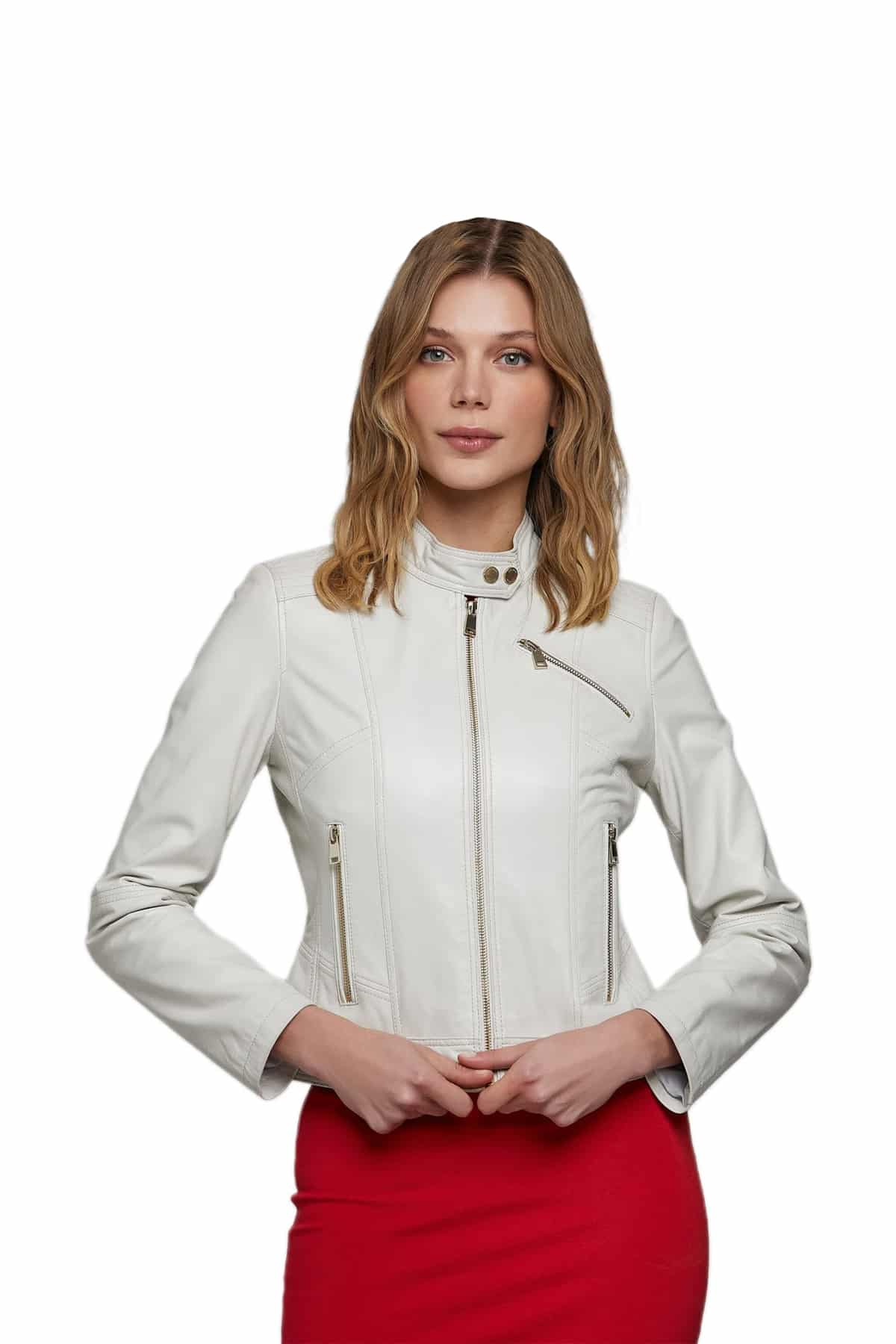 Bonnie Beige Classic Cropped Women's Leather Jacket