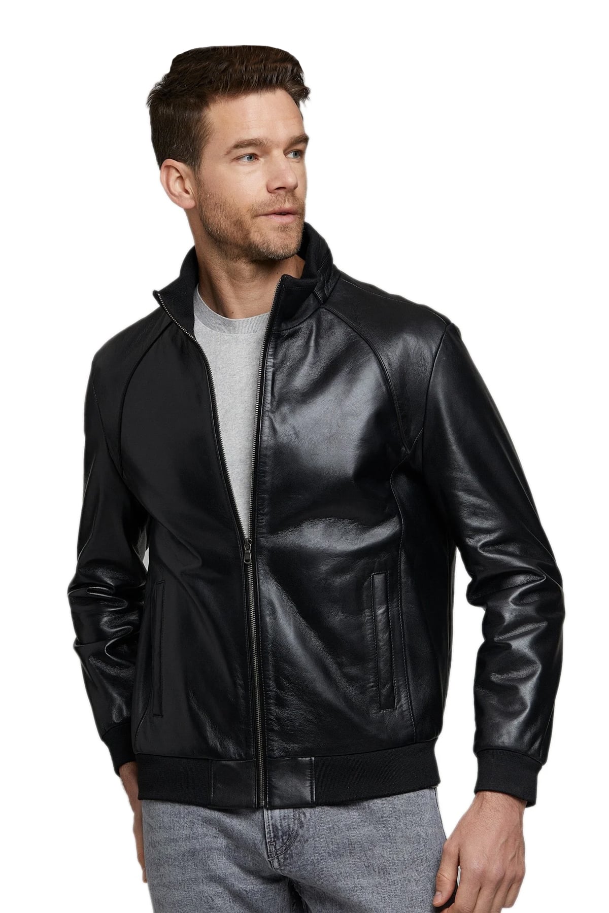 Casual Wear Stand Collar Mens Navy Blue Leather Jacket - Jackets