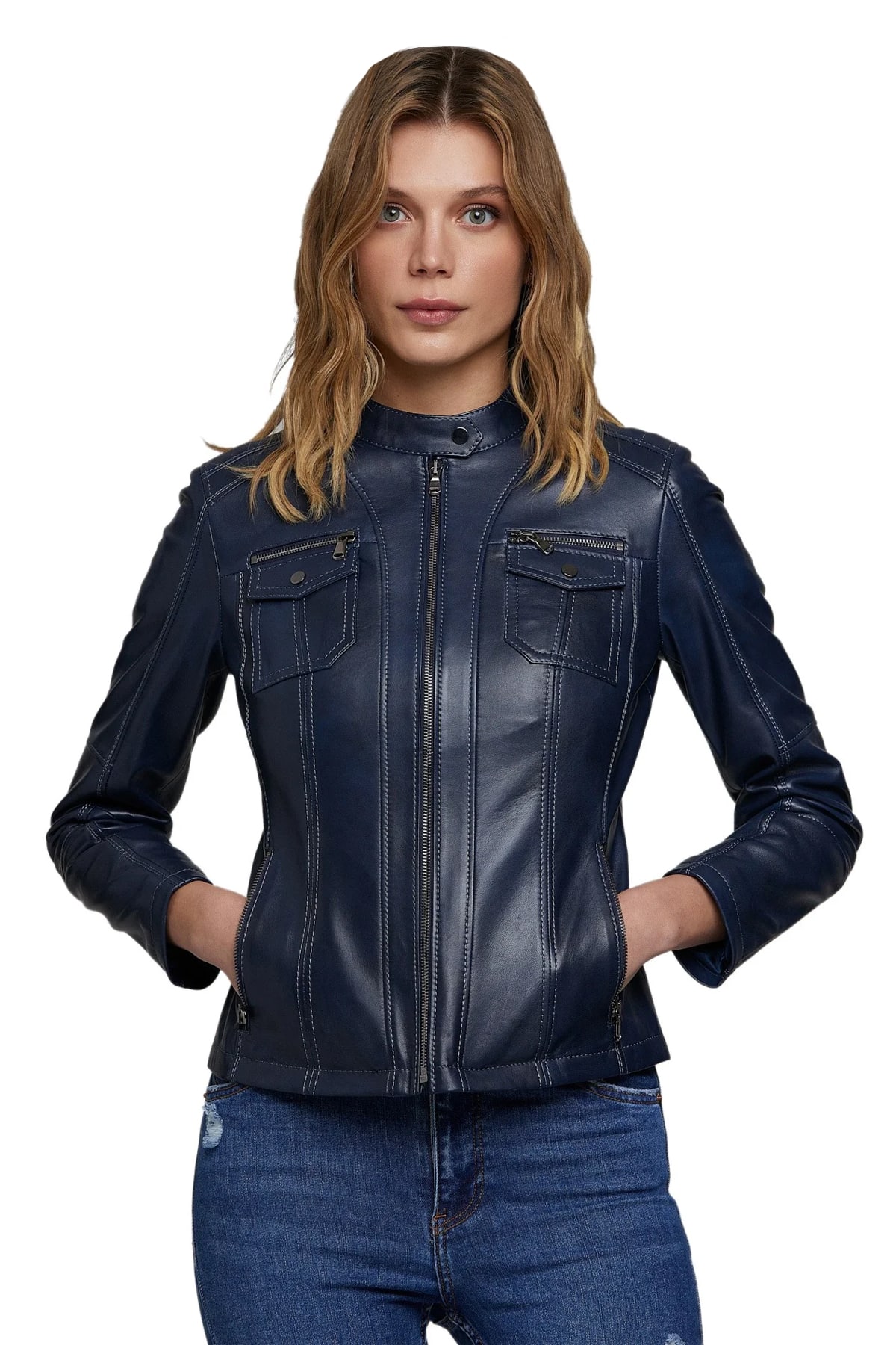 Women's 100 % Real Navy Blue Leather Biker Style Jacket