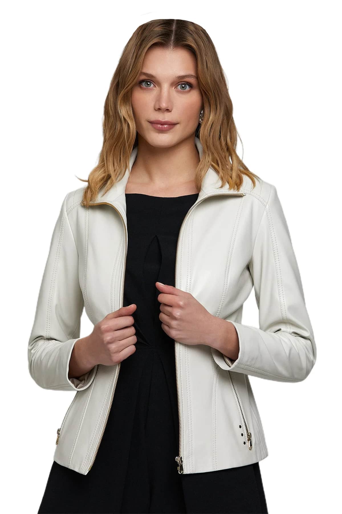 Natasha Oakley Women's 100 Real Beige Leather Shirt Style Collar Jacket