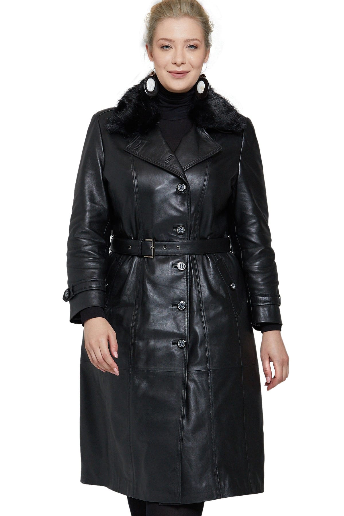 Kendall Jenner Women's 100 % Real Black Leather Trench Fur Collar Coat