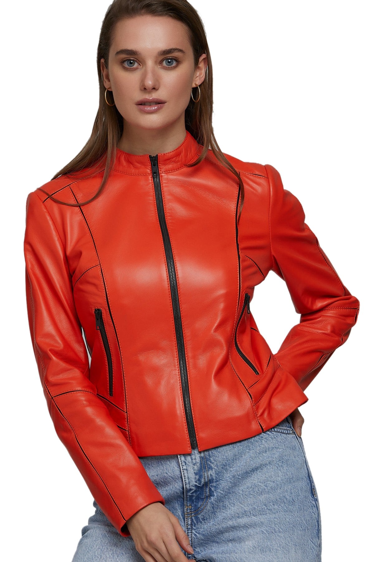 Jessica Stein Women's 100 % Real Orange Leather Stylish Jacket