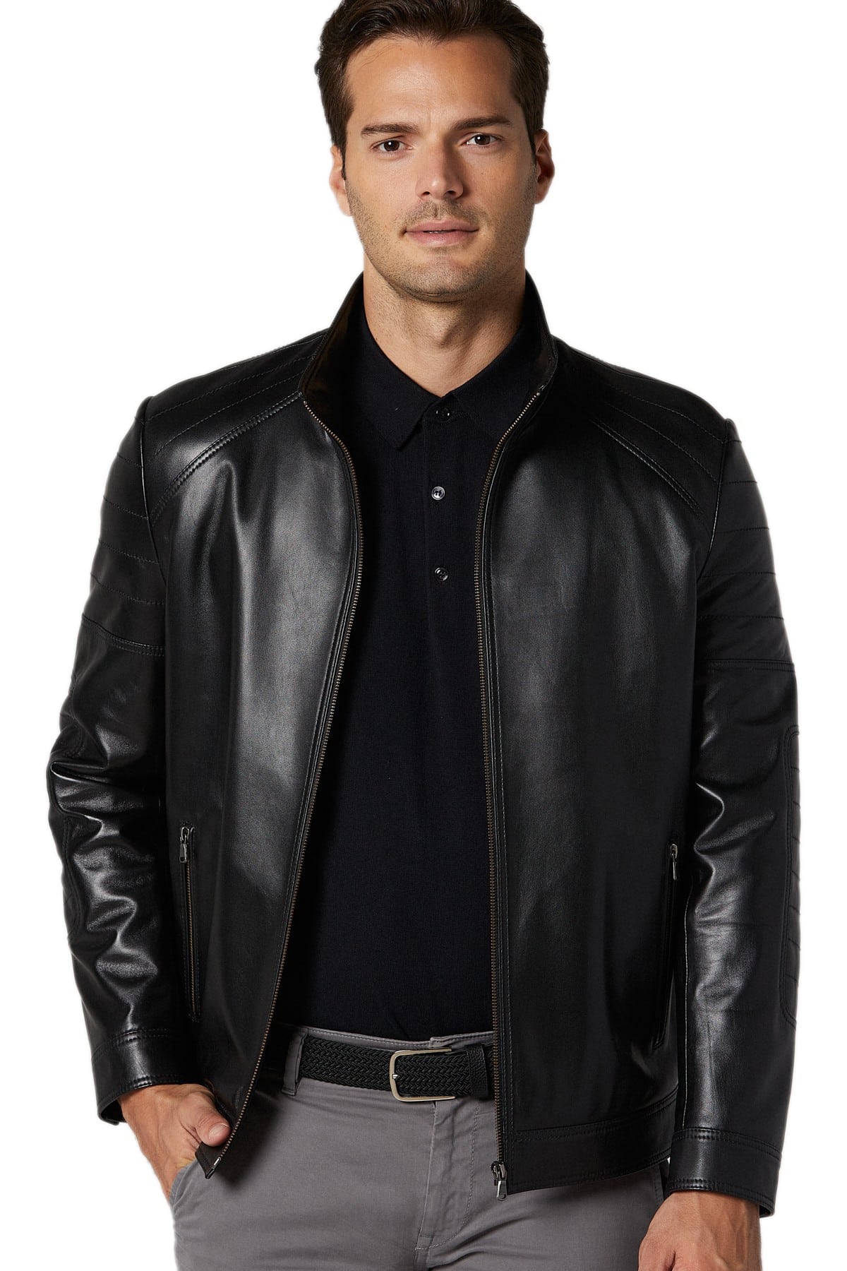 Francisco Lachowski Men's 100 % Real Black Leather Biker Style Jacket