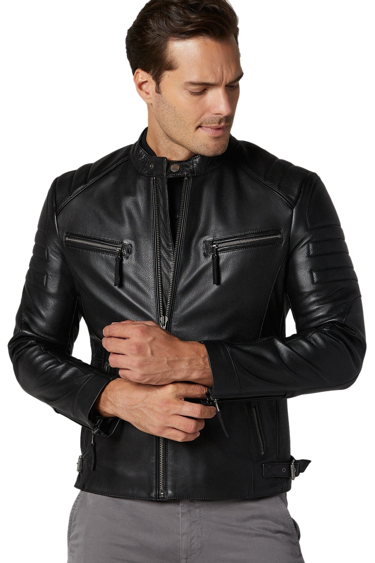 Marlon Teixeira Men's 100 % Real Black Leather Biker Style Classic Jacket