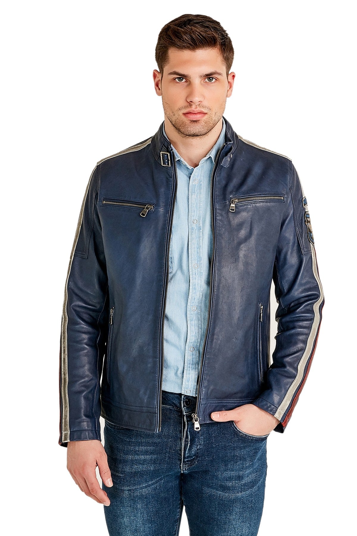 Mens Blue Motorcylce Leather Jacket - Stylish Motorcycle Fashion Jacket