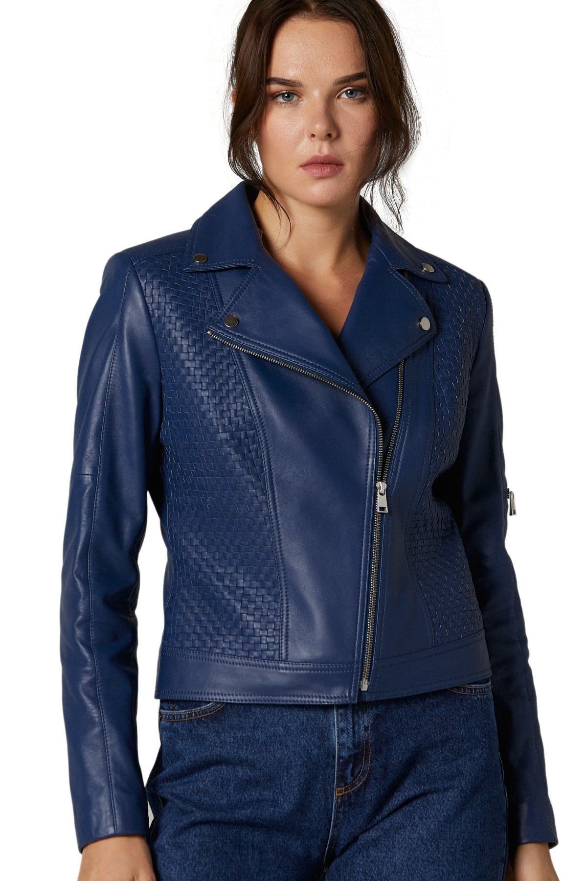 Barbara Palvin Women's 100 % Real Navy-Blue Leather Modern Jacket
