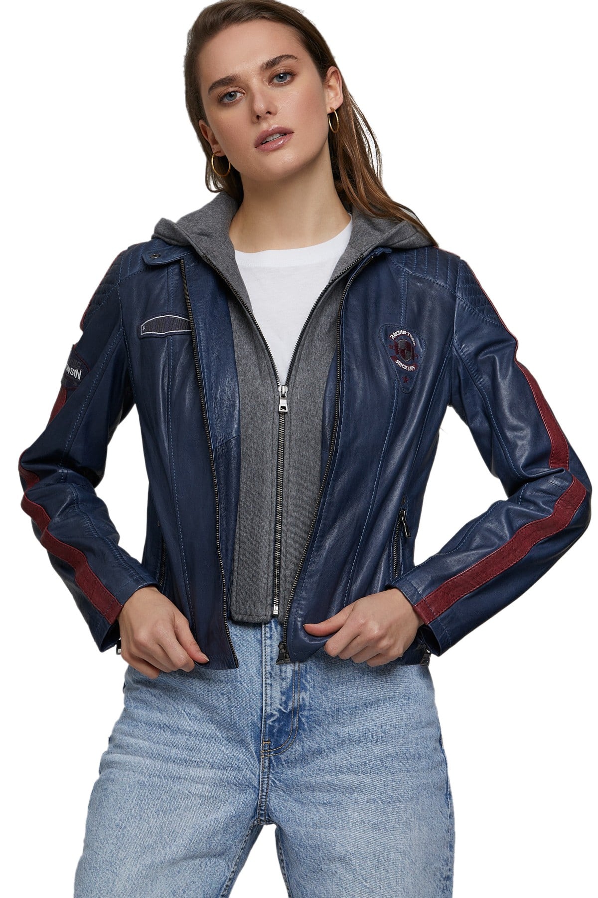 Cindy Kimberly Women's 100 % Real Navy-Blue Leather Hooded Style Jacket