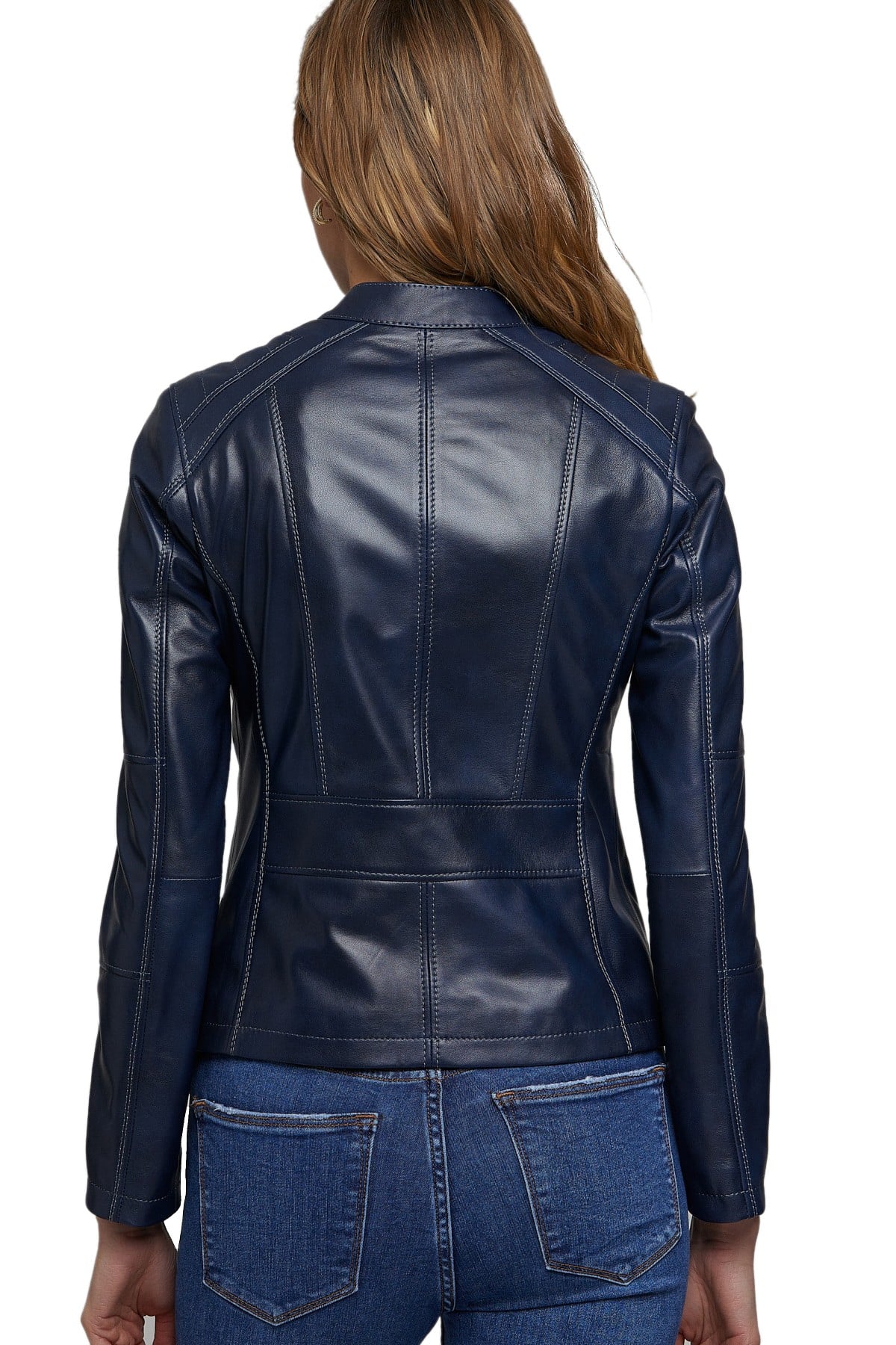 Navy Blue Leather Jacket for Womens Stylish Motorcycle BIKER 