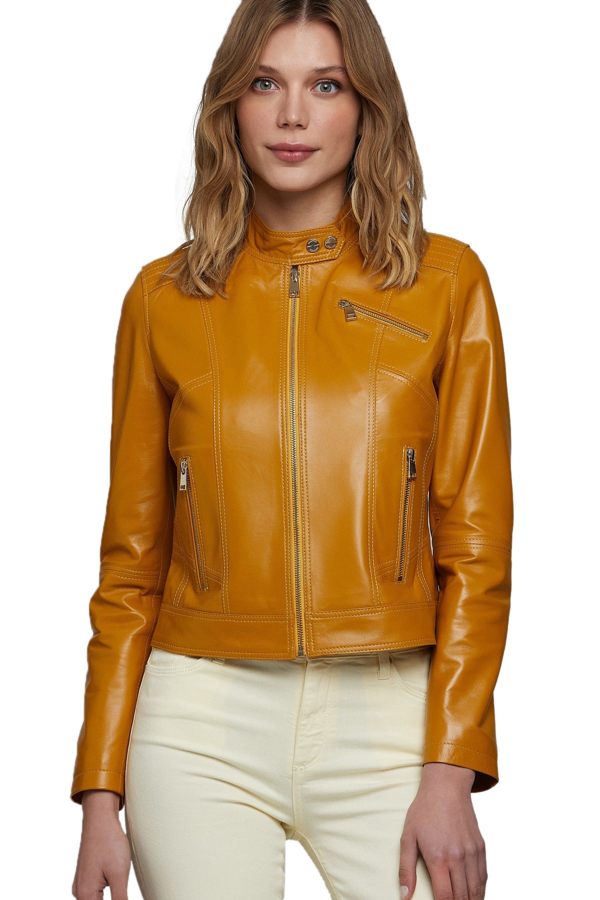 Rosie Huntington Women's 100 % Real Windsor Tan Leather Biker Style Jacket