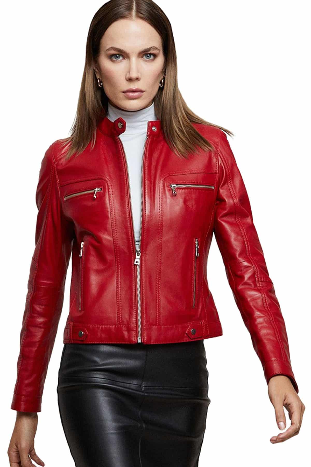 You’ve Searched Red Evelyn Womens Leather Moto Jacket