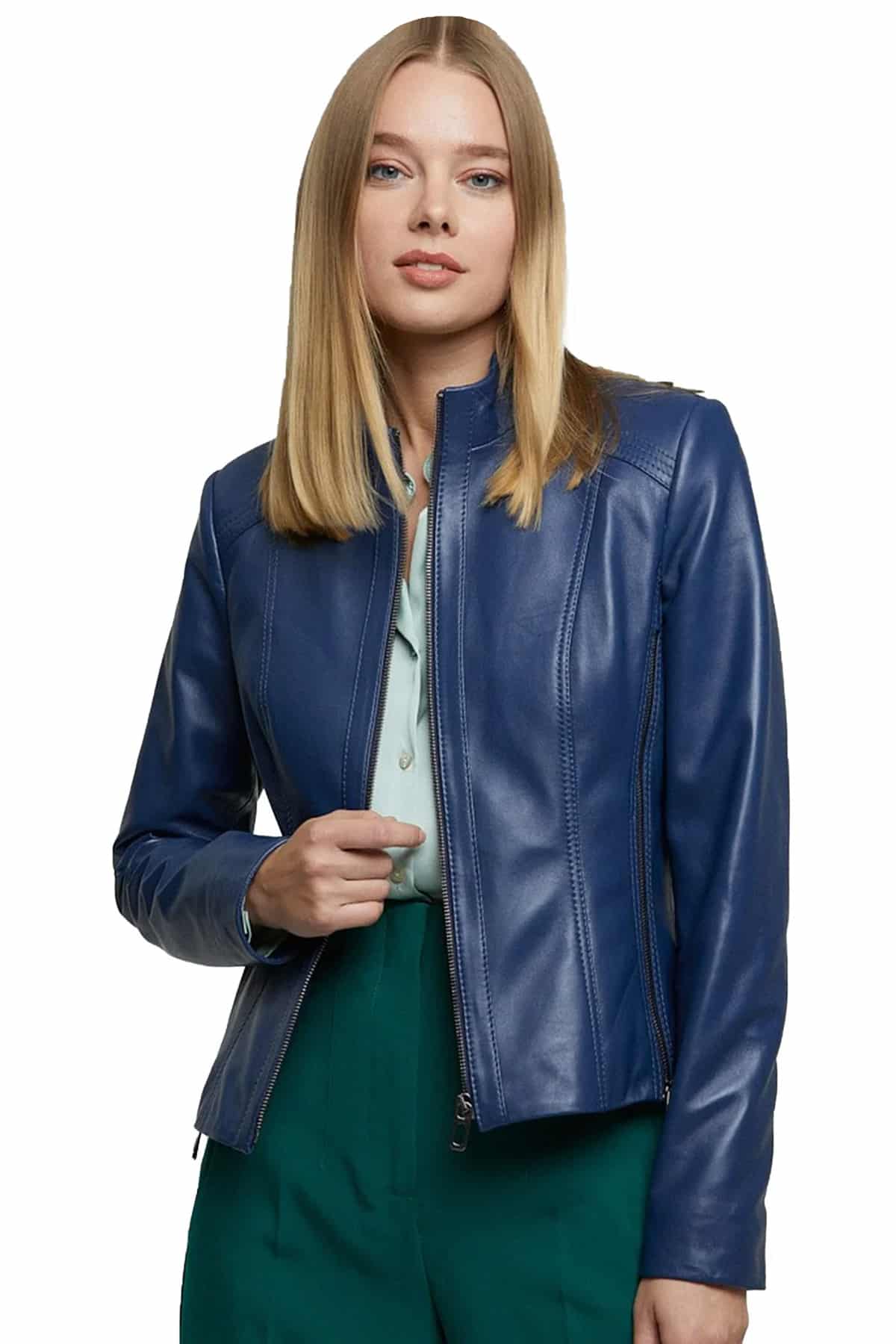 Luna Blue Hooded Leather Bomber Jacket