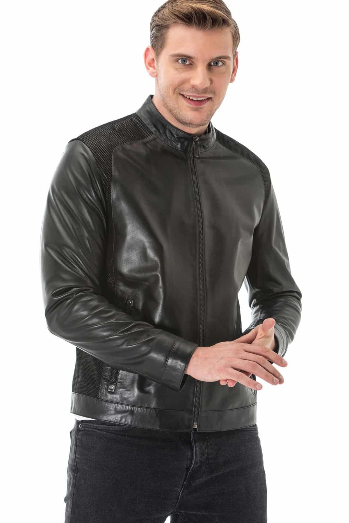 Looking for Classic Black Slim Fit Leather Bomber Jacket Mens?