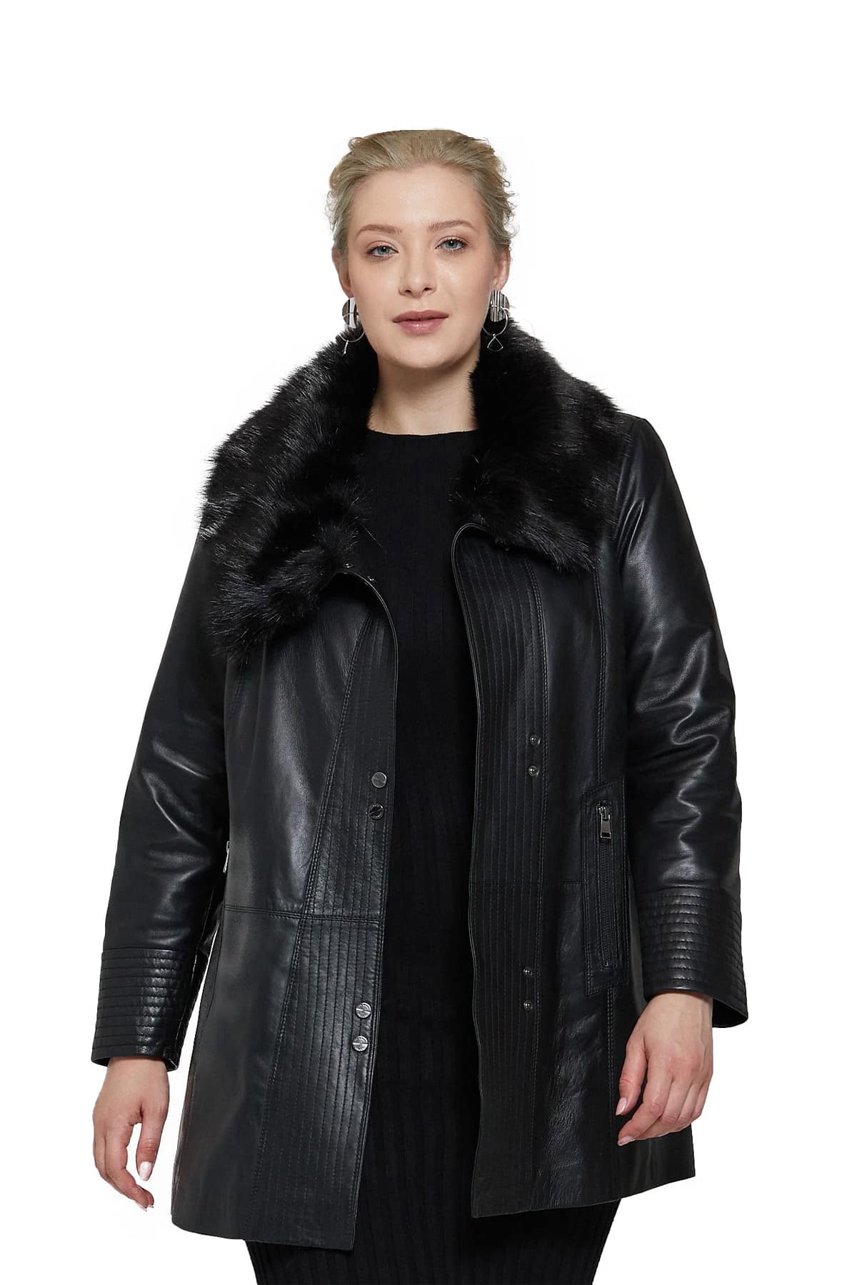 Mayfair Women's 100% Real Black Leather Fur Collar Coat