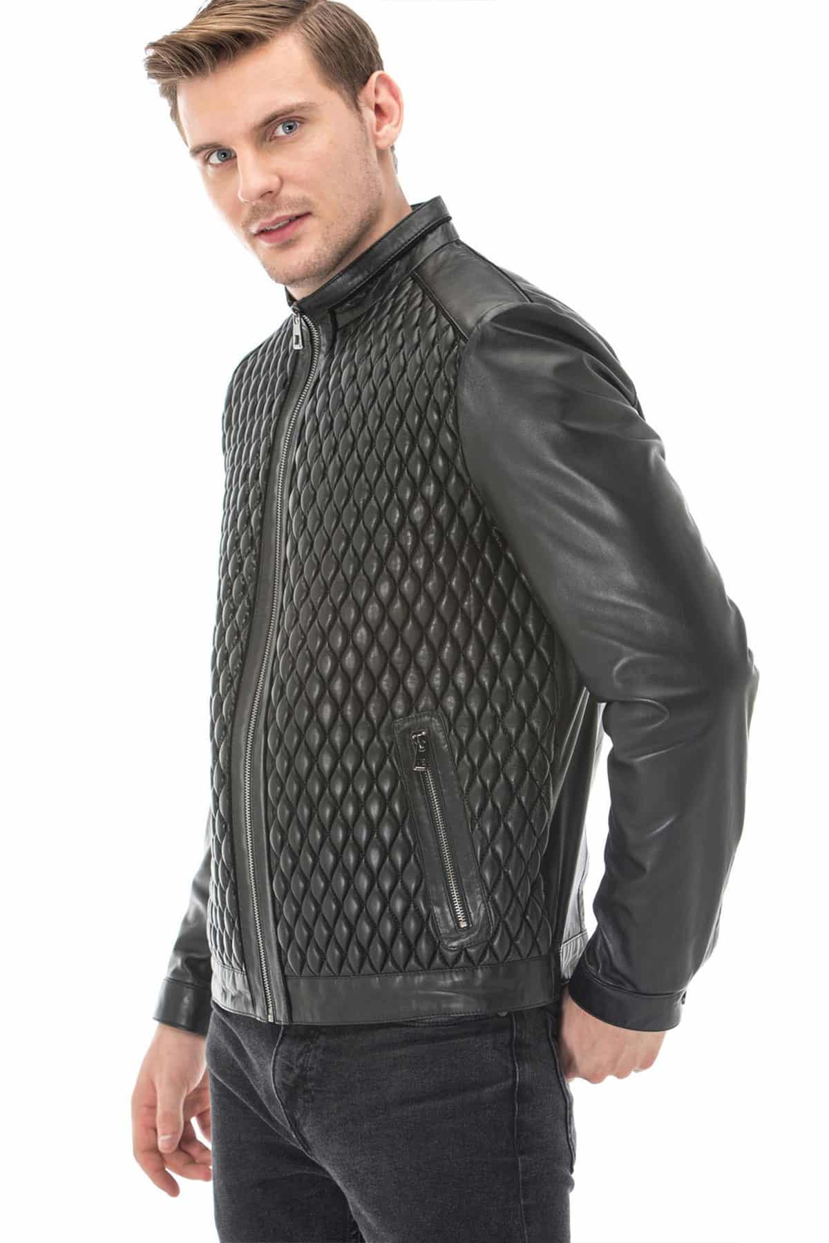 Buy Now This Mens Black Diamond Quilted Leather Bomber Jacket