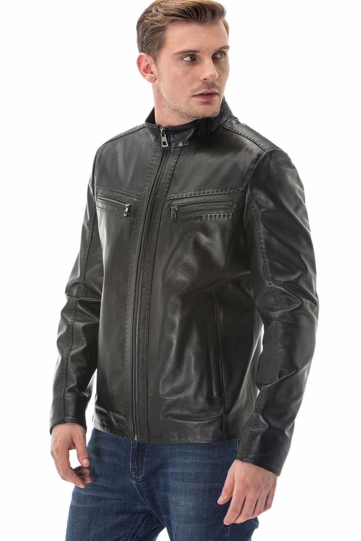 Men's 100% Real Black Leather Stitching Detail Jacket