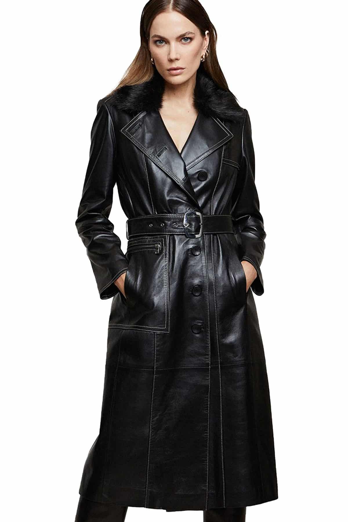 Seeking for Black Fur Collar Womens Long Trench Coat Leather?