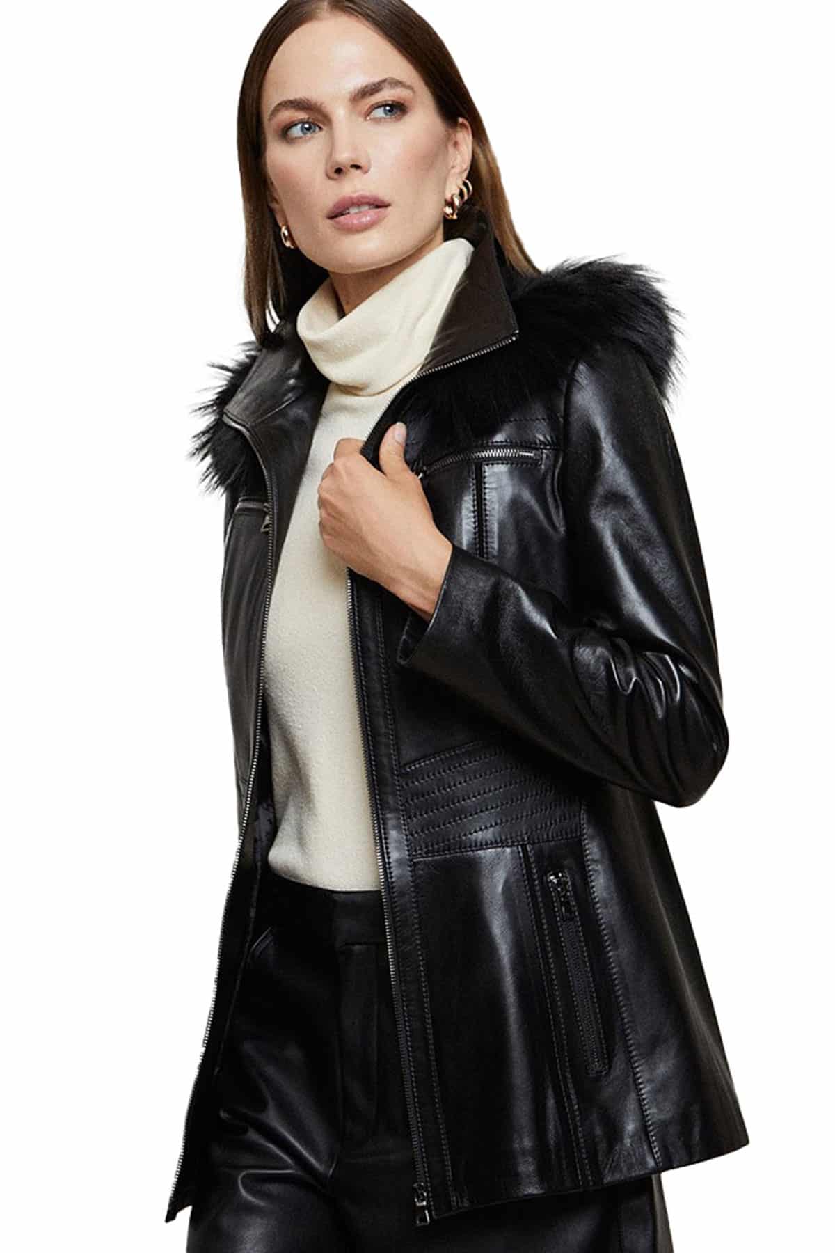 Linda Women's 100% Real Black Leather Faux Fur Hooded Coat