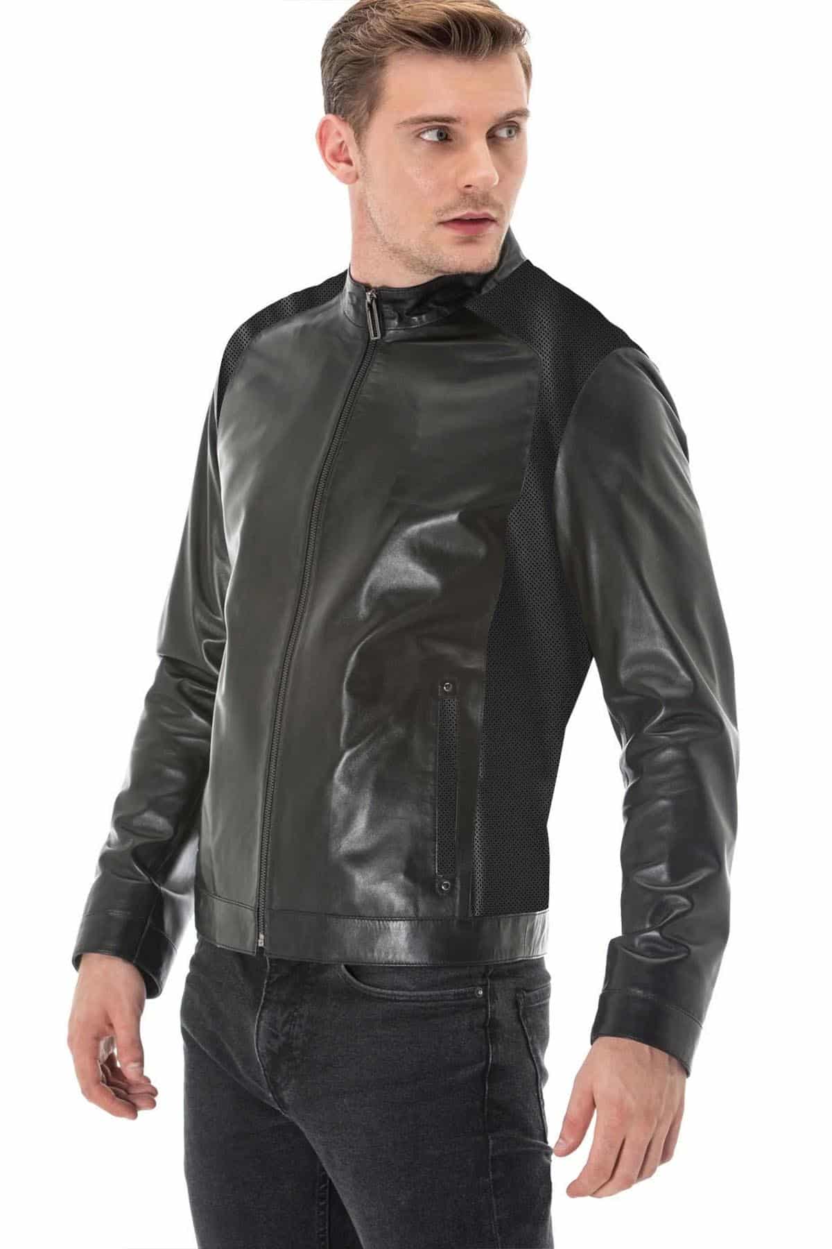 Fred Black Slim Fit Perforated Shoulder & Sides Leather Jacket
