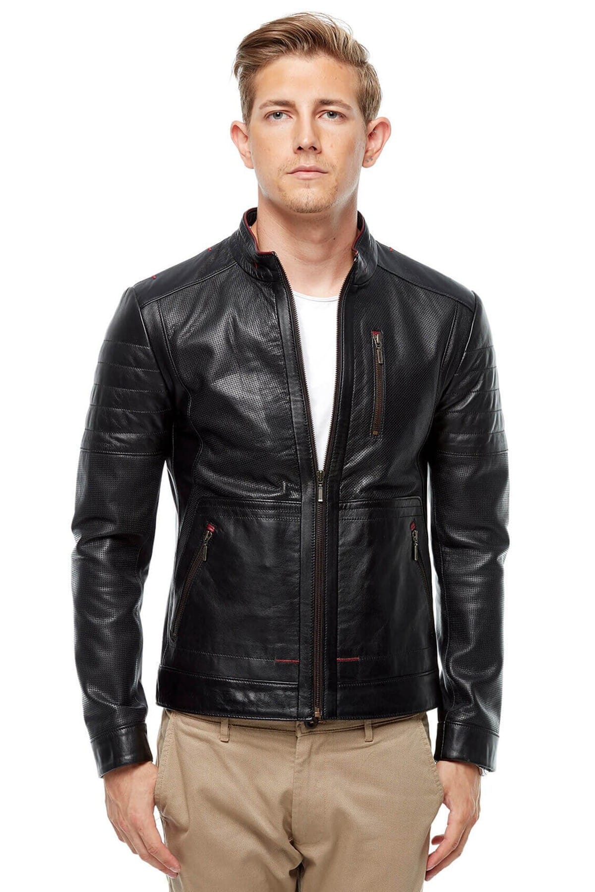 Men's 100 % Real Black Leather Perforated Slim-Fit Jacket